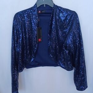 Kancy Kole Navy Blue Full Sequin Long Sleeve Bolero Jacket Sz 2X, 23"PTP, 21" L
